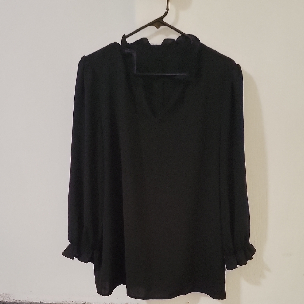 Black Ruffle Neck Long-Sleeve Blouse